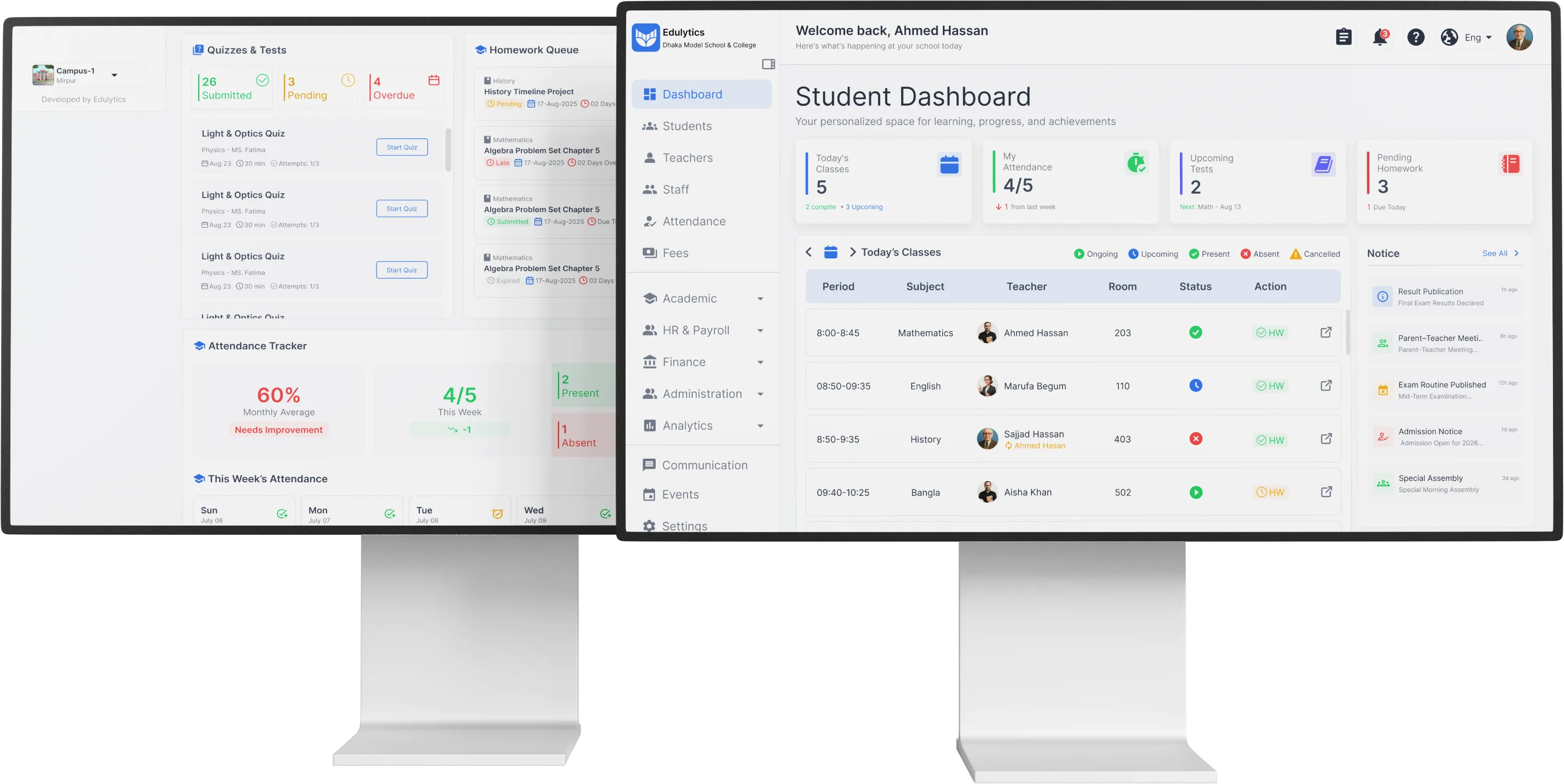 Edulytics student dashboard on desktop monitors
