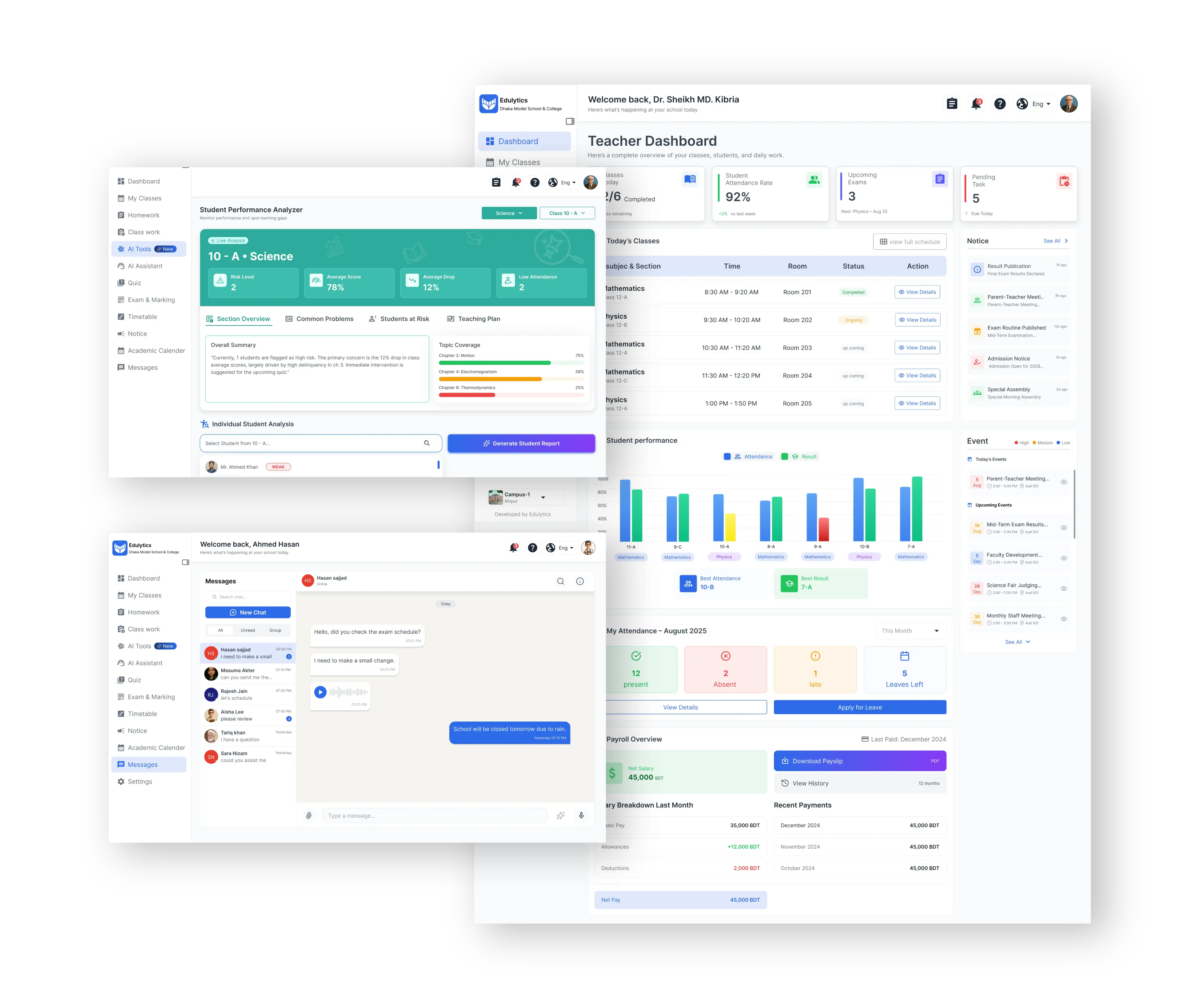 Edulytics teacher portal with performance charts and messaging