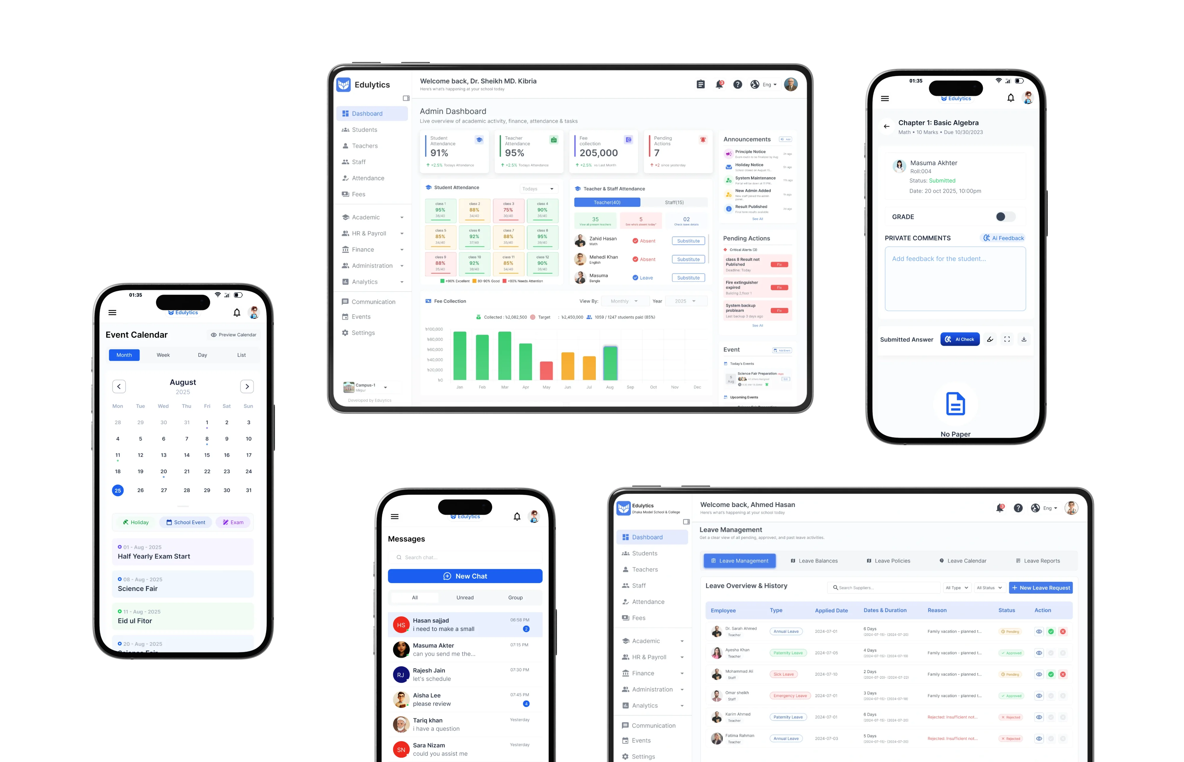 Edulytics admin panel on tablet and mobile with dashboard and calendar