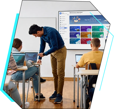 Teacher assisting students in a classroom with the Edulytics school management dashboard on display