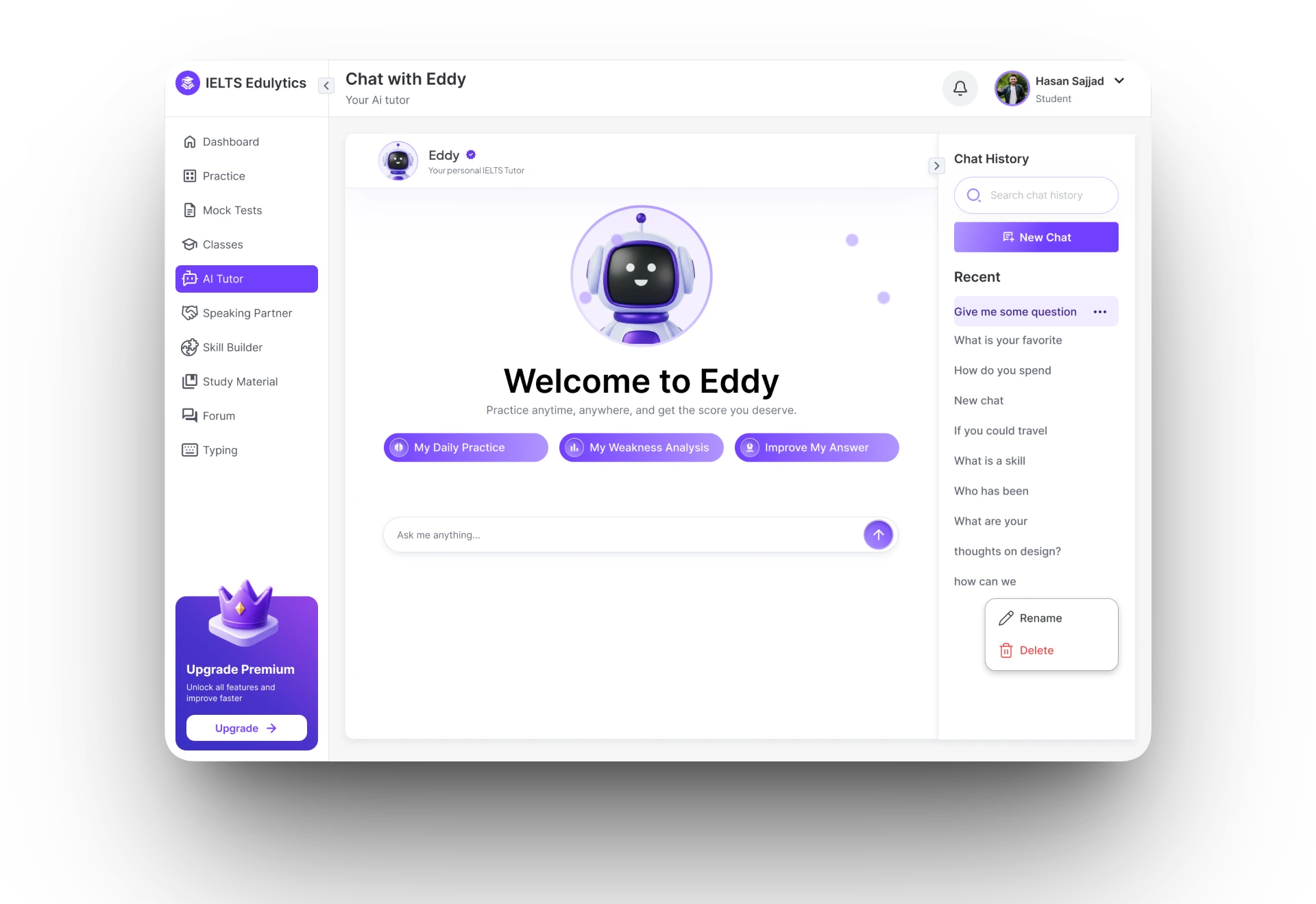 Eddy AI tutor dashboard on desktop