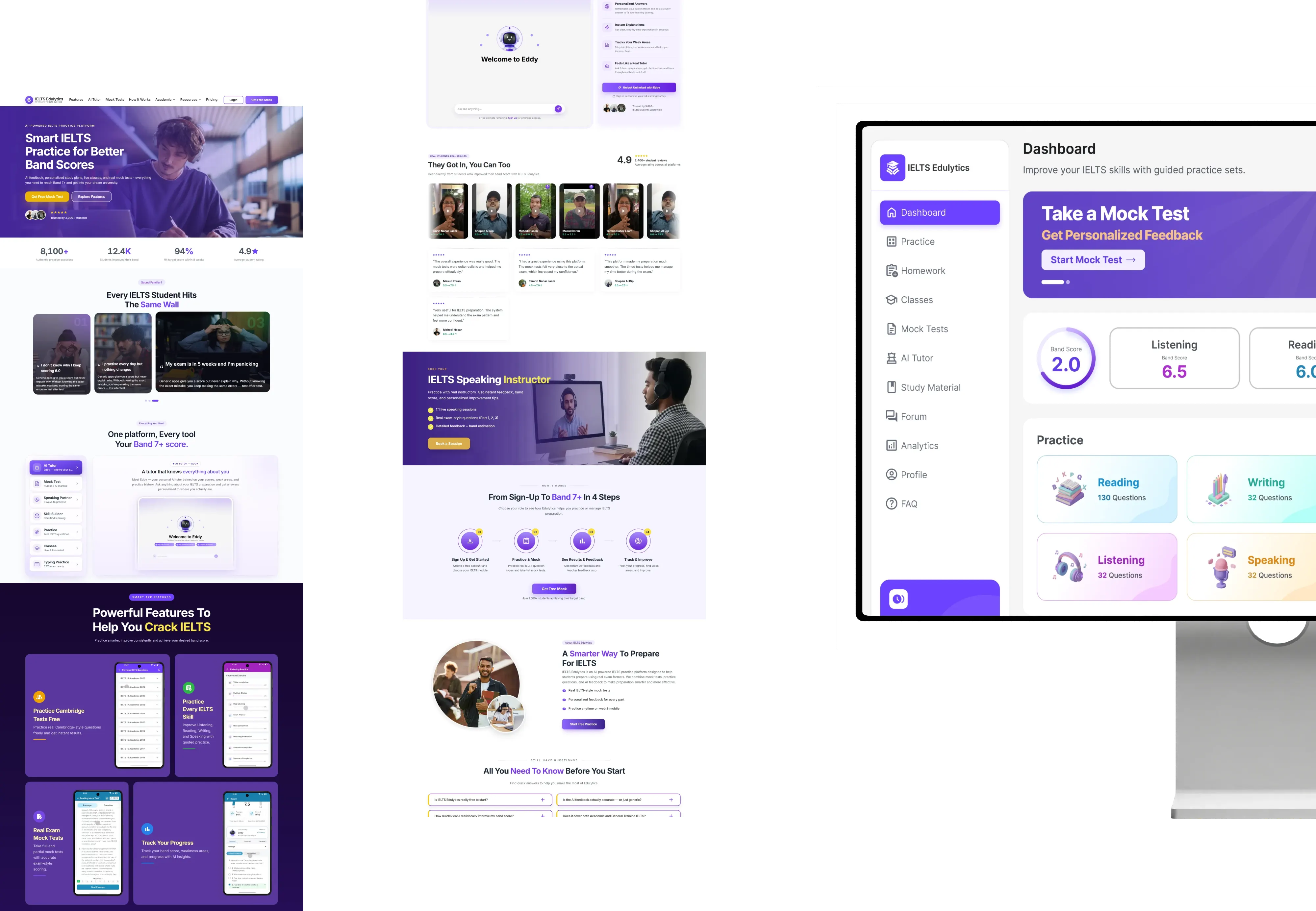 IELTS Edulytics landing page and dashboard experience