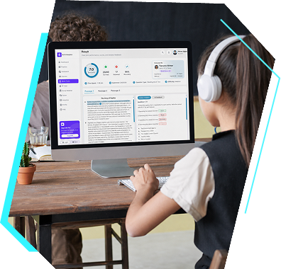 Student using IELTS Edulytics platform on a desktop monitor