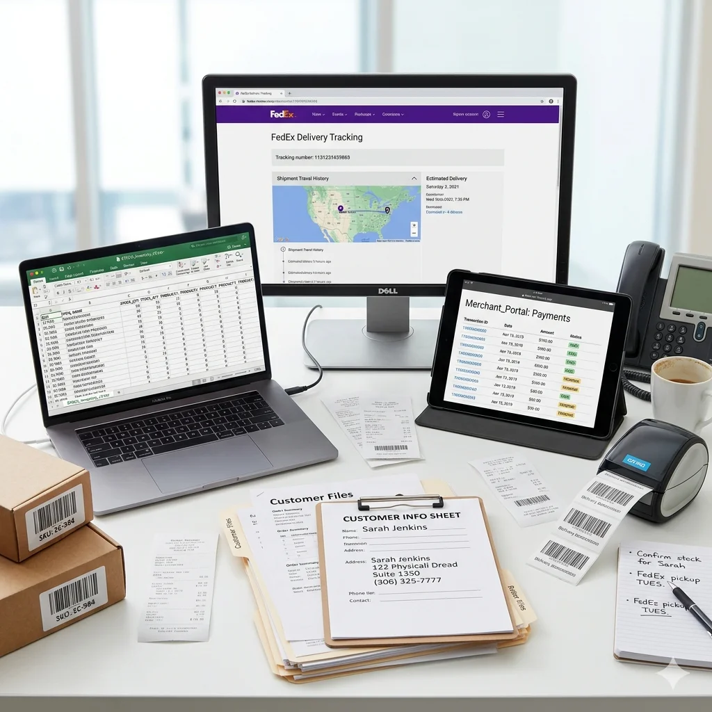 Multiple disconnected e-commerce systems on different devices