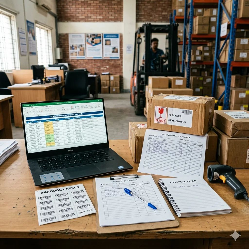 Team manually managing orders and shipping boxes