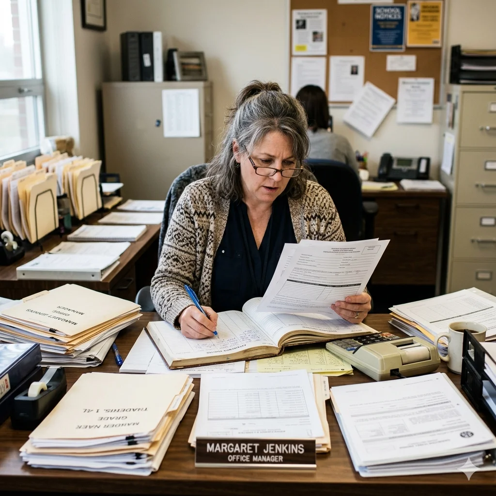 Administrator reviewing paperwork at a desk