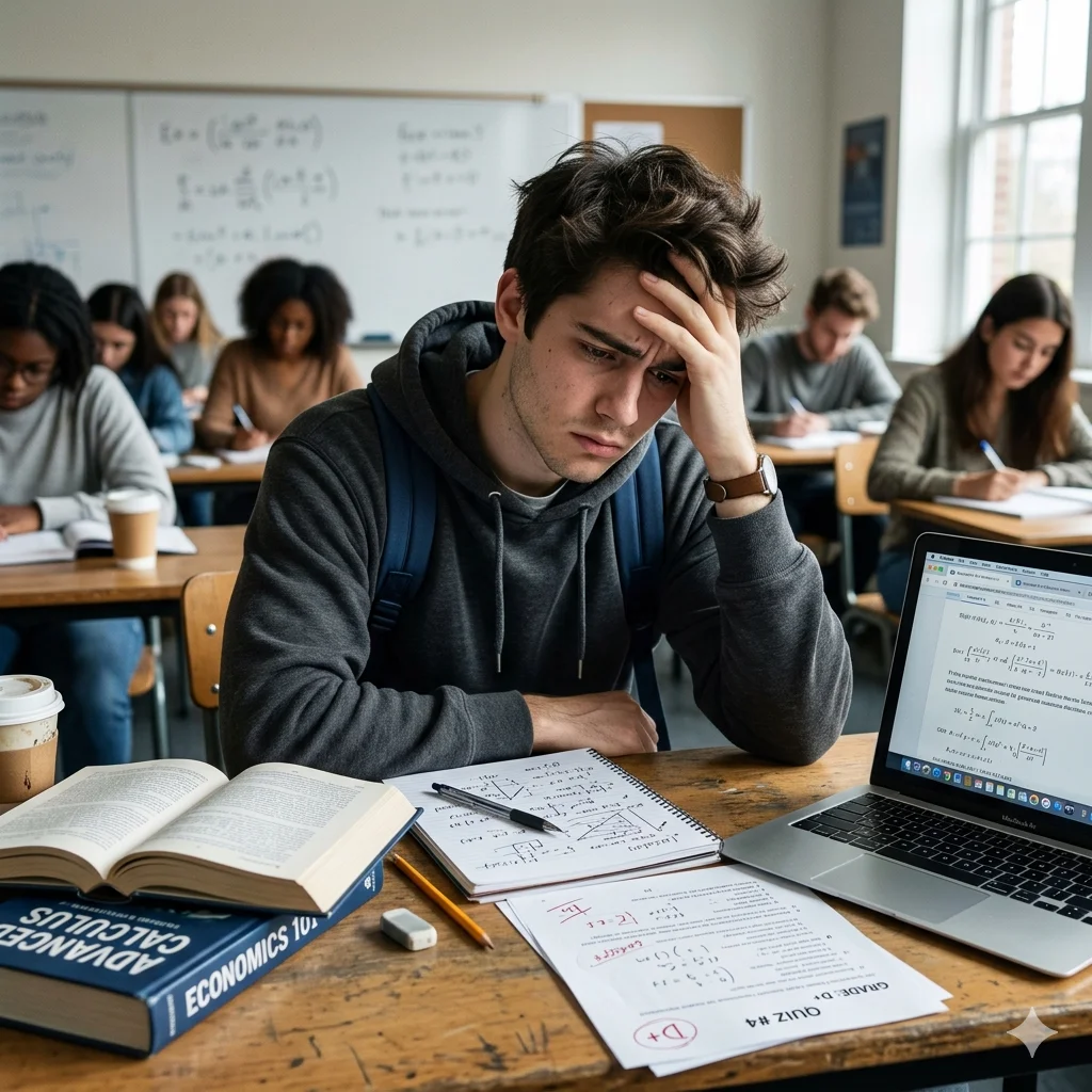 Student in a classroom looking frustrated