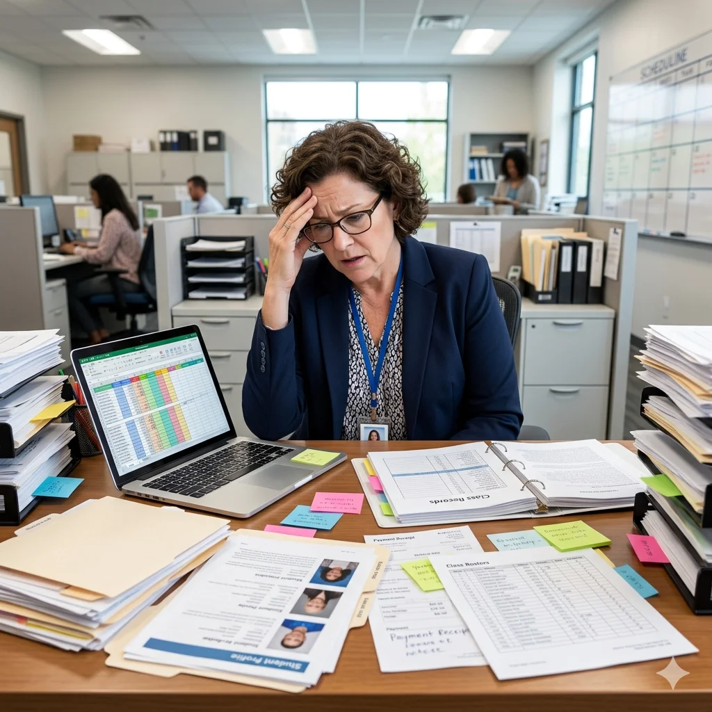 Staff member working at a computer with scattered data