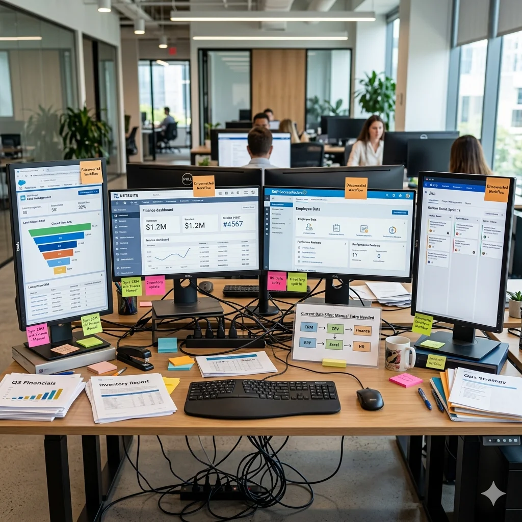 Office desk with multiple disconnected enterprise systems