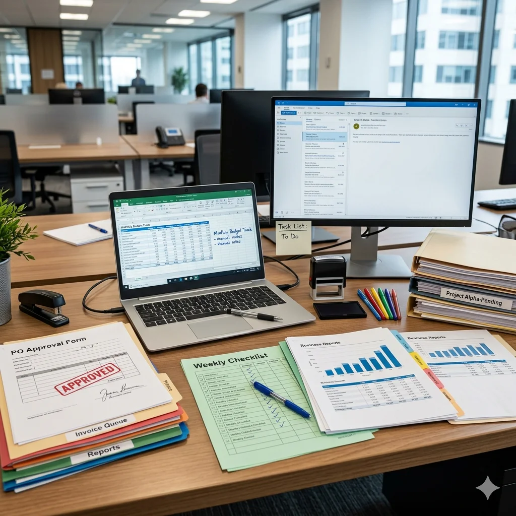 Manual workflow tasks on laptop and paperwork