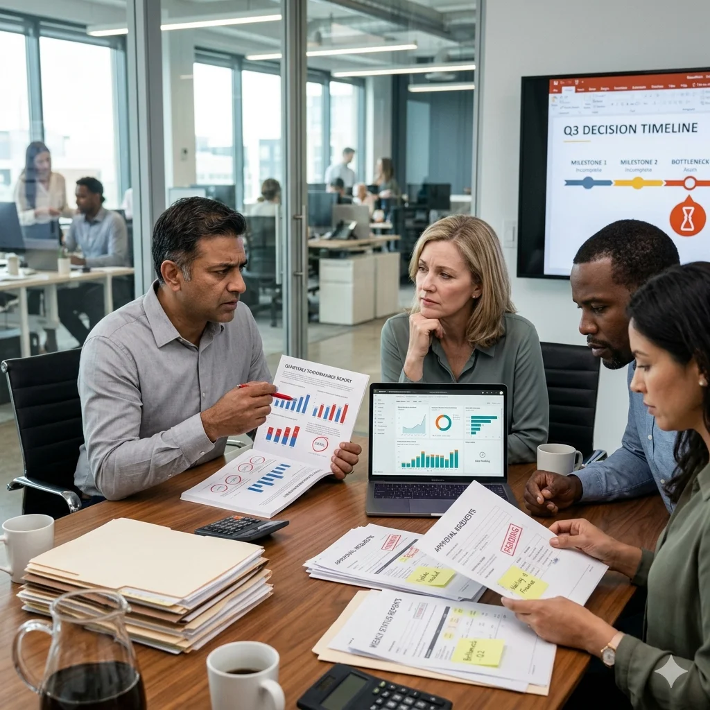 Team reviewing reports before making business decisions