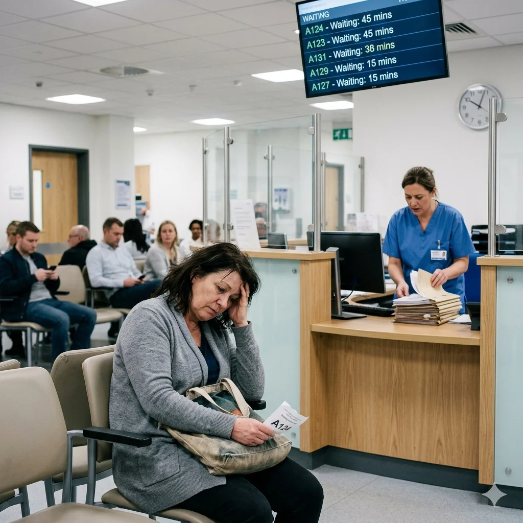 Healthcare worker managing delayed patient workflow