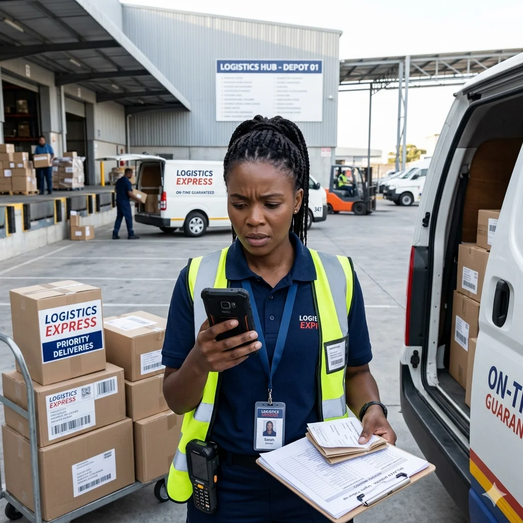 Driver checking phone for delayed delivery updates