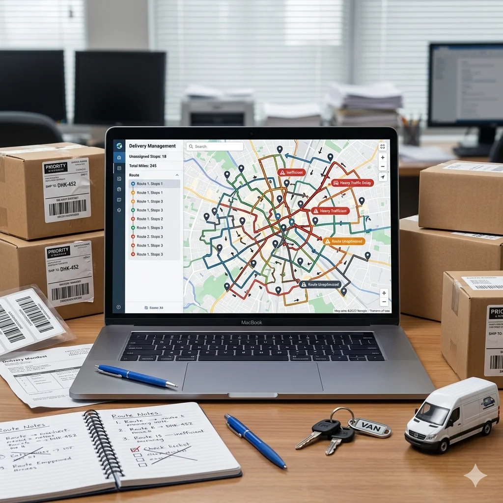 Map dashboard showing unoptimized delivery routes