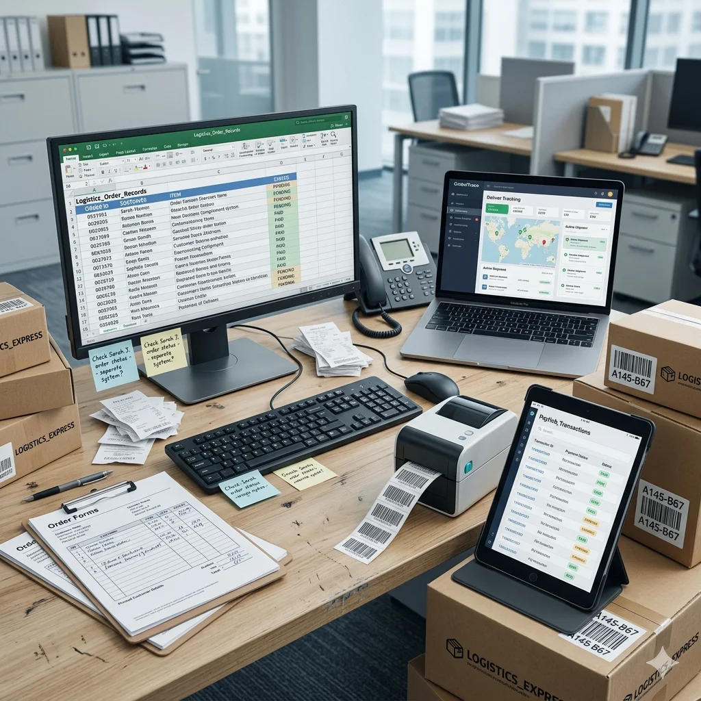 Office desk with scattered order and delivery records